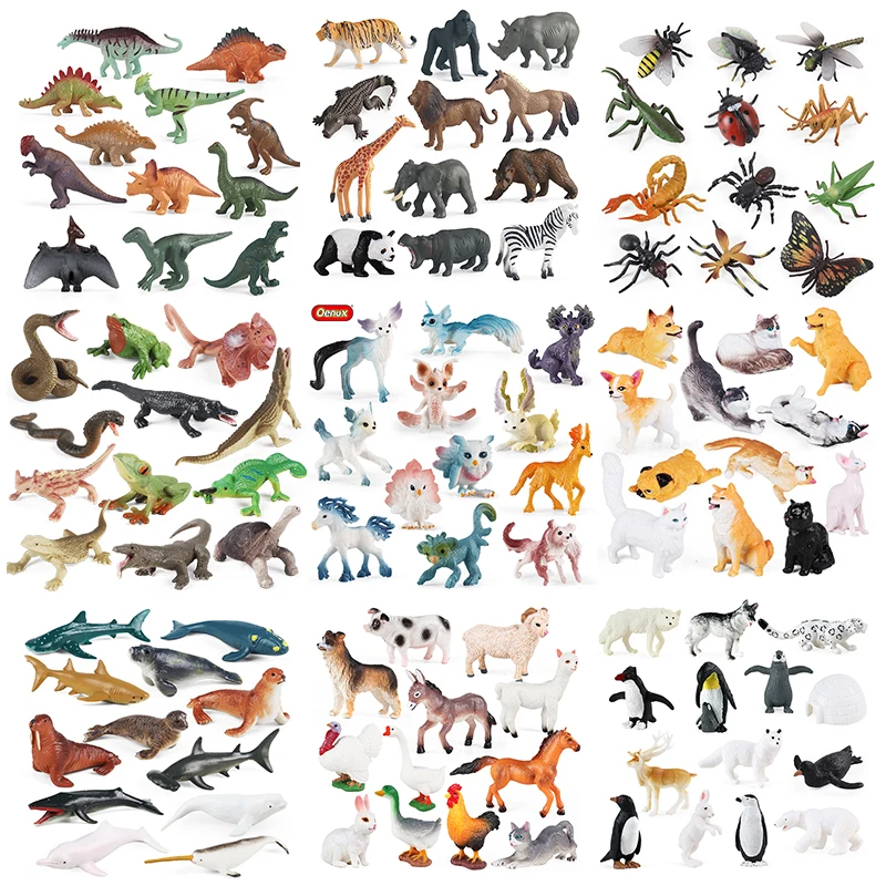 Oenux Montessori Miniature Lion Shark Horse Dinosaur Animals Model Set Action Fi