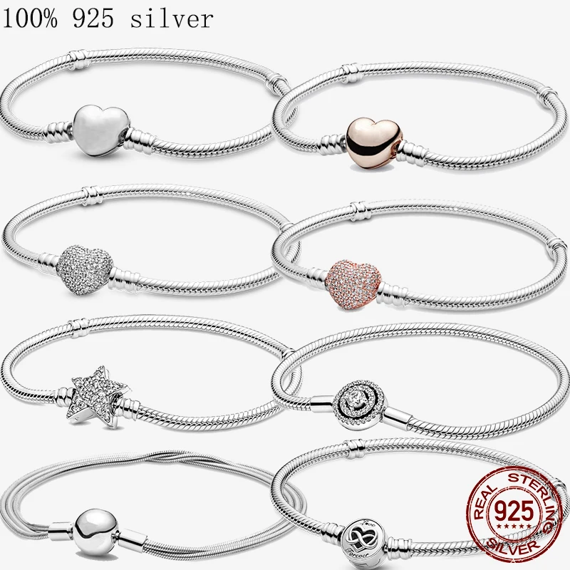 Original 925 Sterling Silver Bracelet Star Heart Clasp Snake Chain Rose Gold DIY