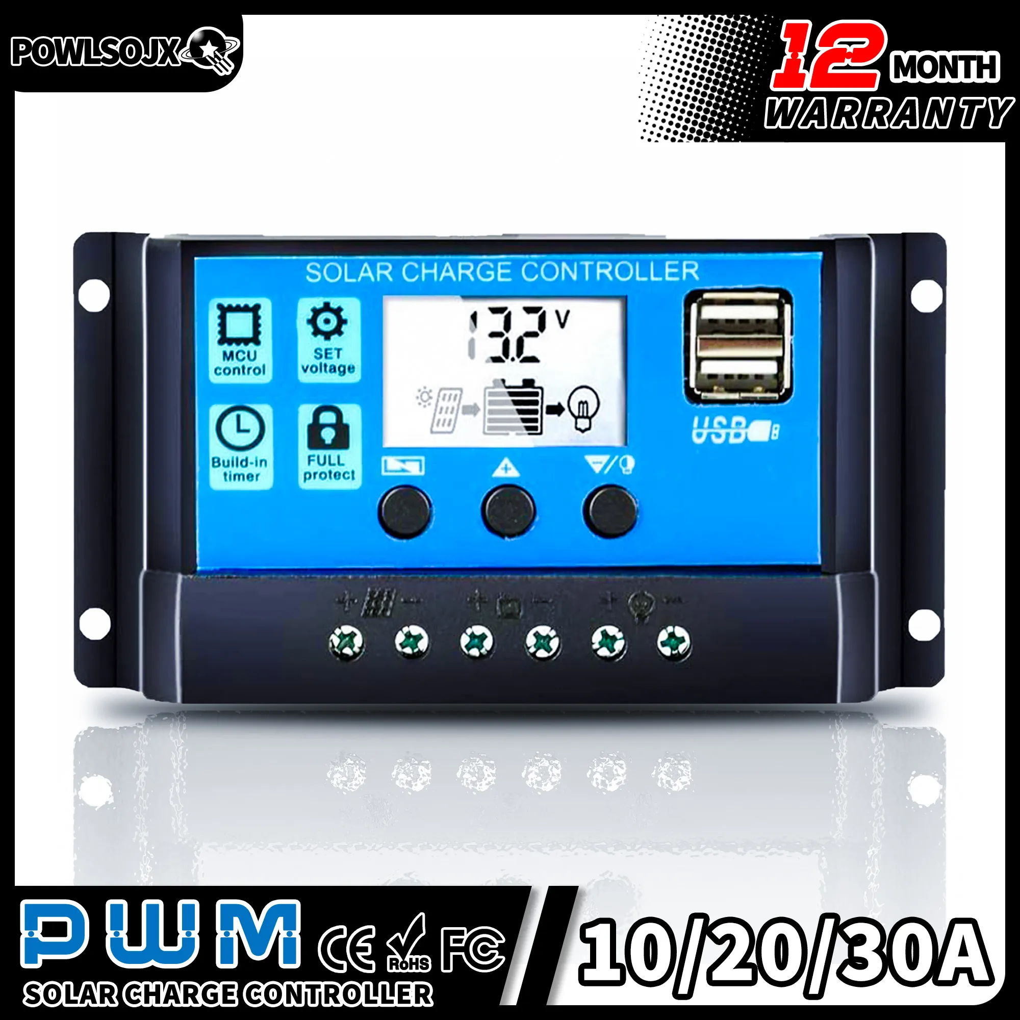 POWLSOJX Solar Charge Controller 12V 24V PWM 10A 20A 30A with Adjustable LCD Dis