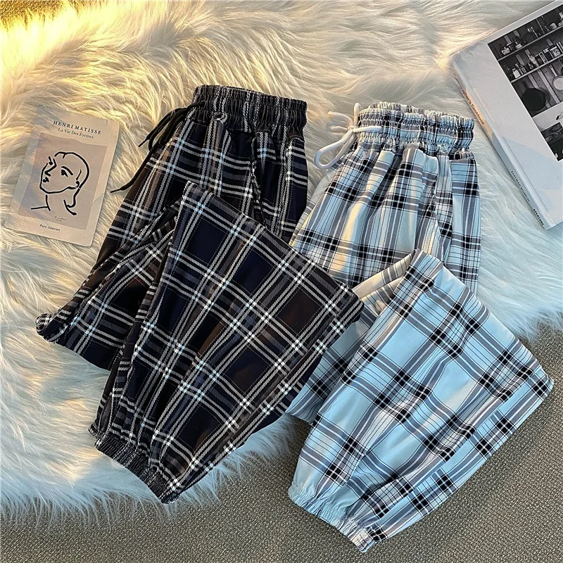 Pants Women New Bunch of feet Fashion Loose Black Plaid Summer Harajuku Students