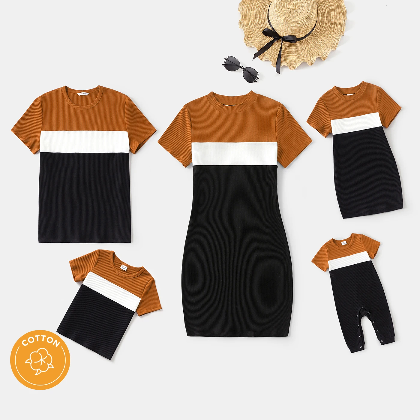 PatPat Family Matching Outfits Cotton Short-sleeve Colorblock Rib Knit Mock Neck