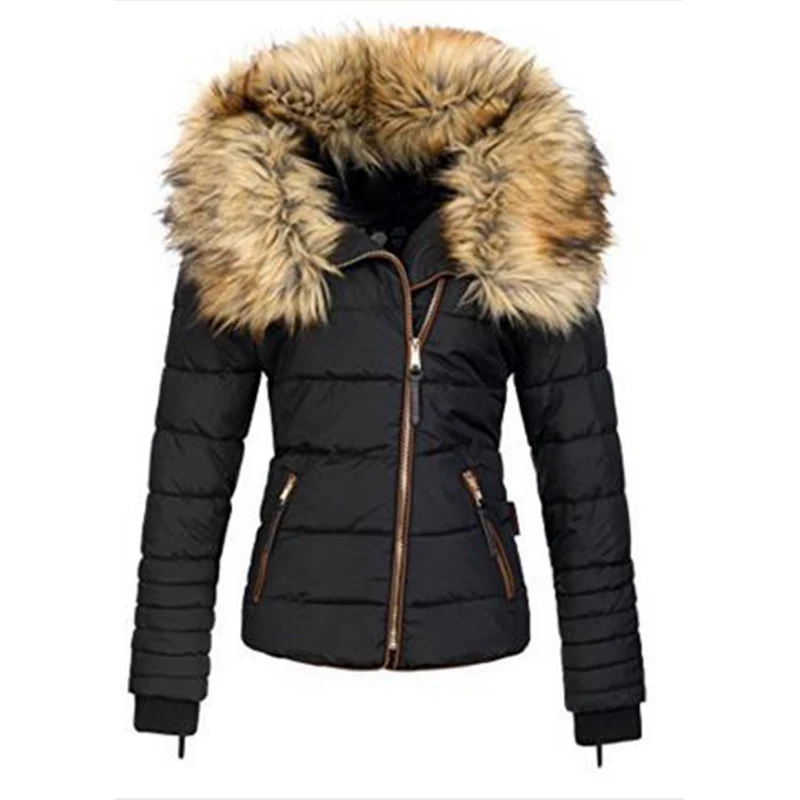 Plus Size Women Fur Collar Warm Jacket Thickened Solid Color Slim Fit Casual Fas
