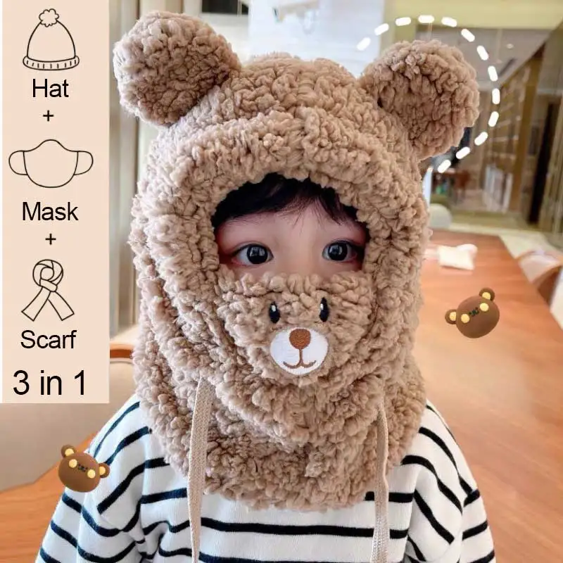 Plush Hat Autumn Winter Cute Children Cartoon Scarf Masked Hood Cap Double Fleec
