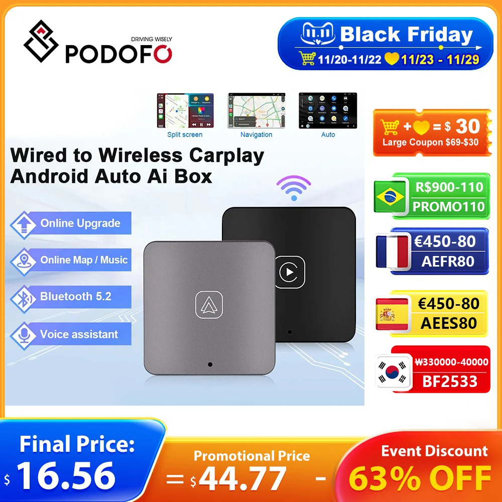 Podofo Android Auto AI Box Wireless Android Auto Adapter Carplay Dongle Bluetoot