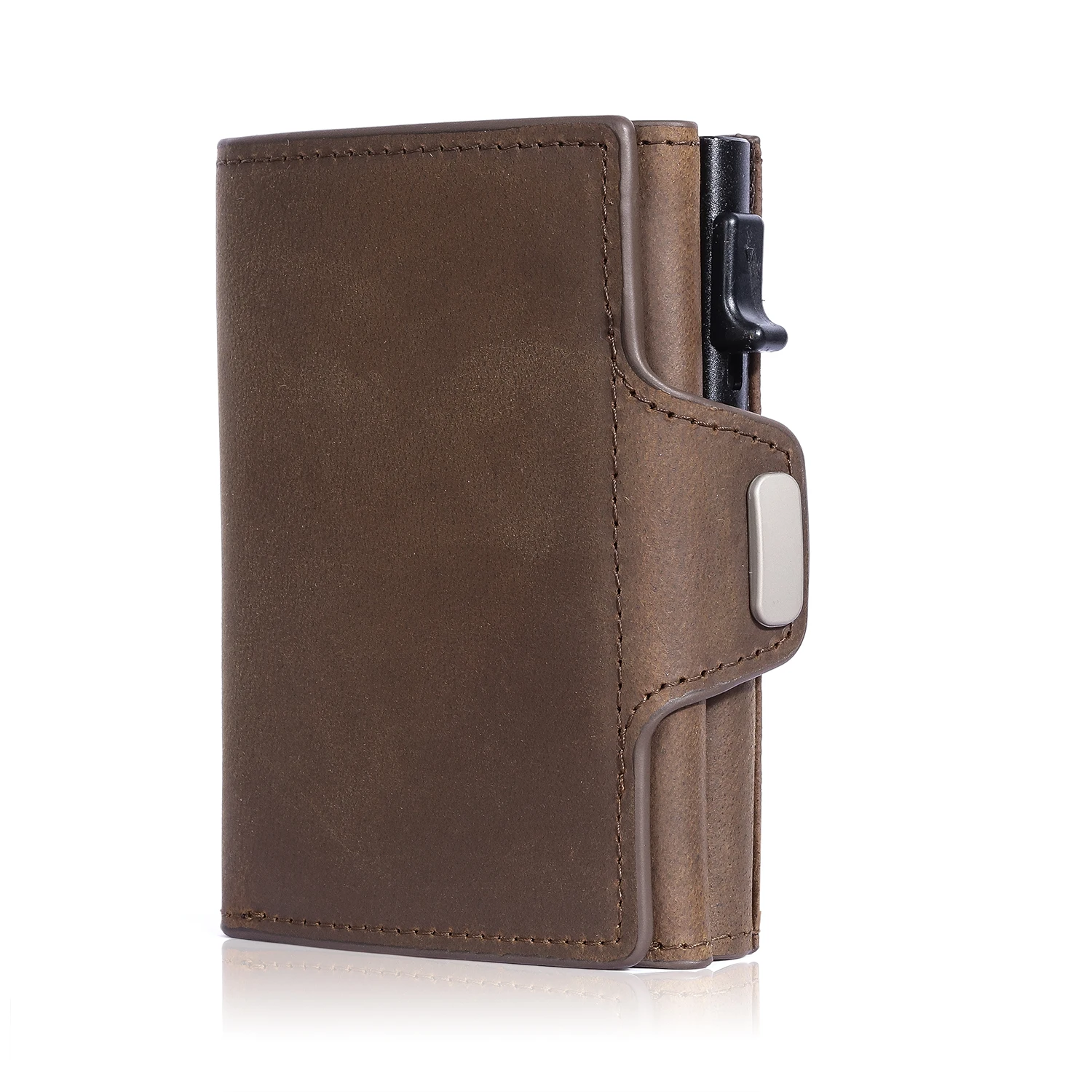 Pop-Up Credit Card Case with RFID Protection Genuine Leather Wallet with Compart