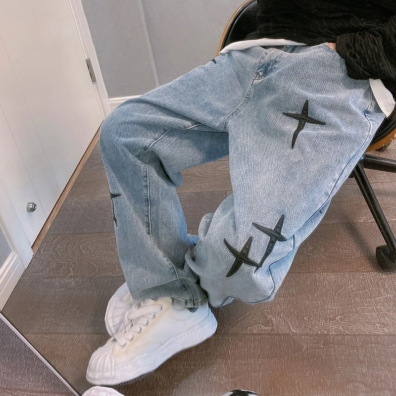 Prints Jeans Men 2023 New Streetwear Baggy Wide Leg Jeans Korean Fashion Drapes 