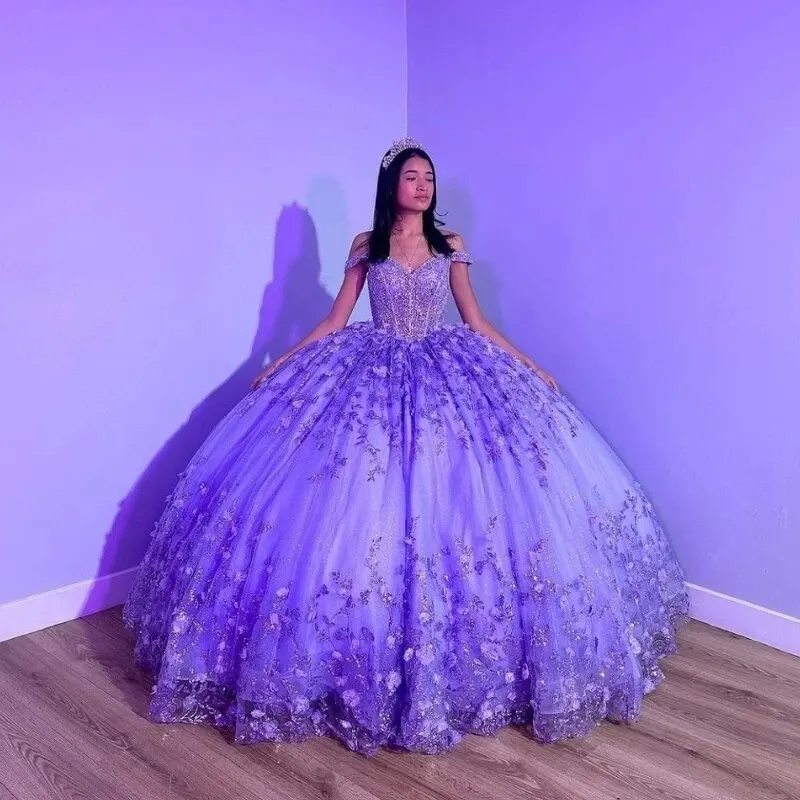 Purple Shiny Puffy Princess Quinceanera Dresses Off Shoulder Beads 3D Floral Gil