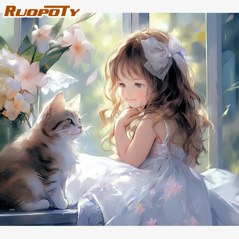 Oil Painting By Numbers Handicraft Picture Drawing Girl With Cat Painting Number