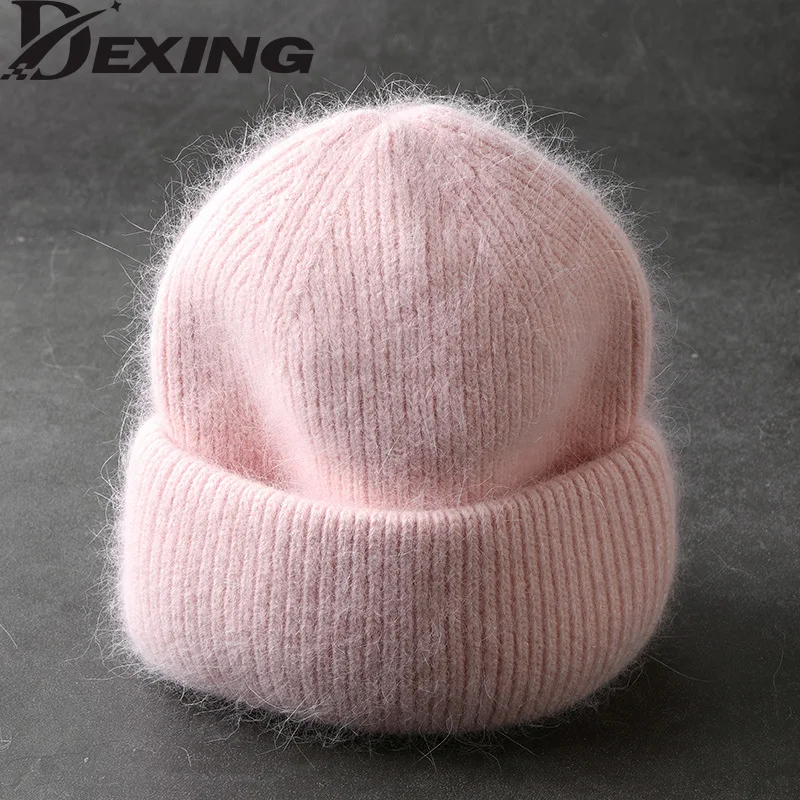 Rabbit Fur Beanies Soft Warm Fluffy Winter Hat for Women Angora Knitted Hat Skul