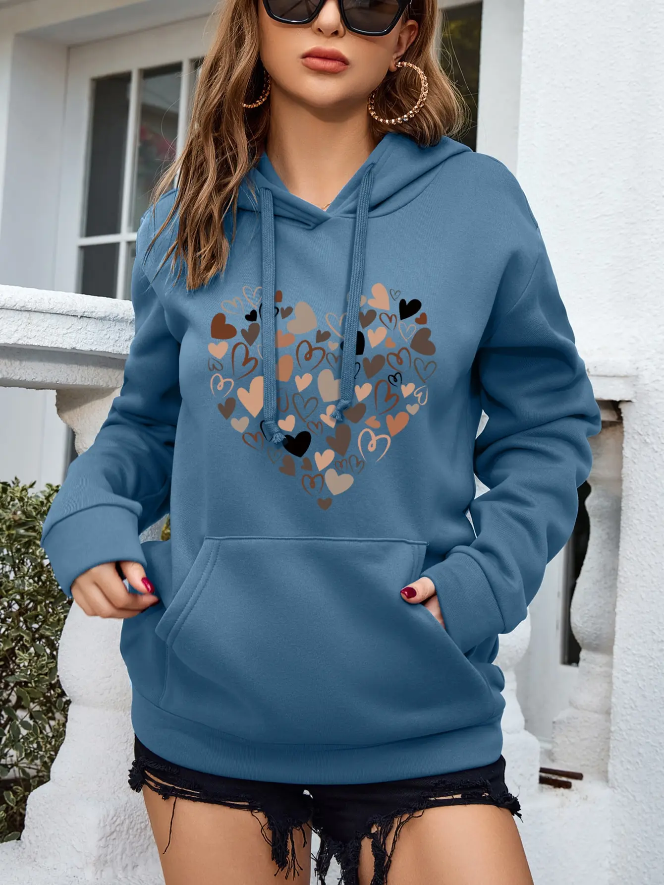 Retro Love Heart Pattern Hoodie For Womens Creative Hip Hop Clothes Pocket All-M