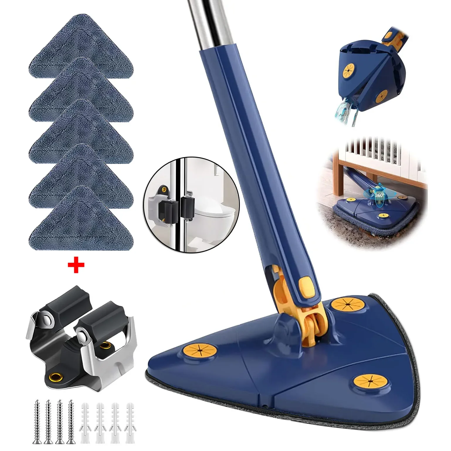 Rotatable Cleaning Mop Telescopic Triangle Spin Mop Long Handle Squeeze Quick Dr