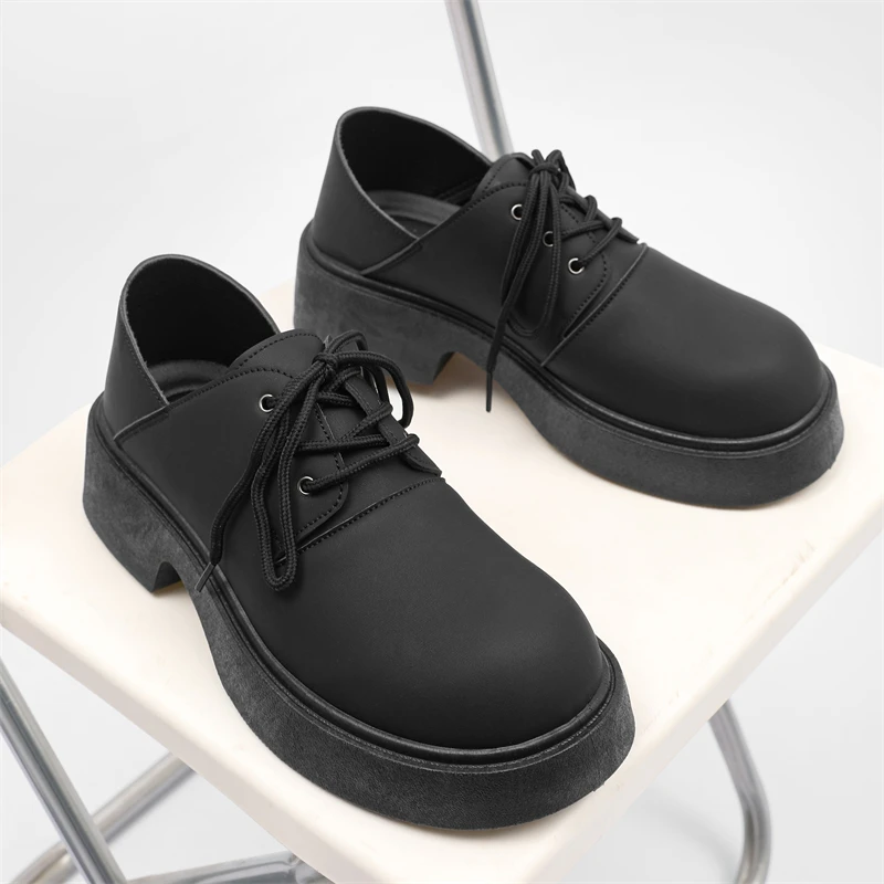 Round Toe Men Korea Leather Platform Oxfords Slip On Thick-bottom For Male Derby