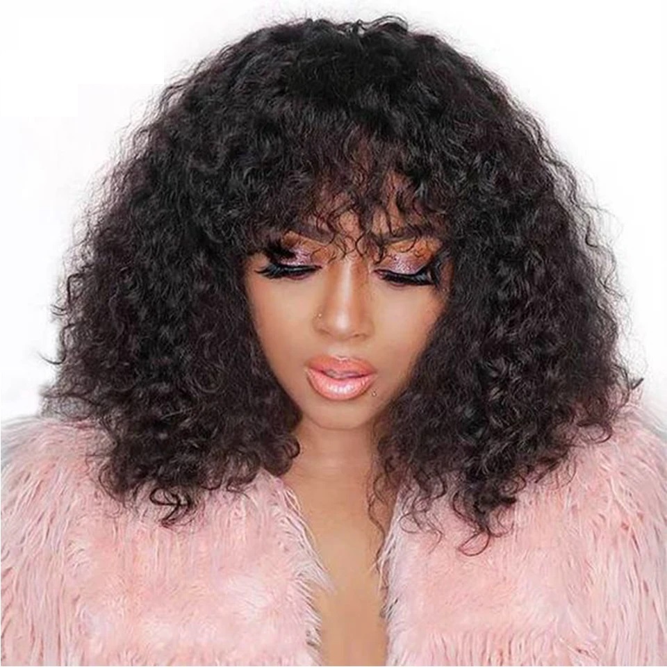 Jerry Curly Short Pixie Cut Bob Brazilian Human Hair Wigs With Bang Natual Black