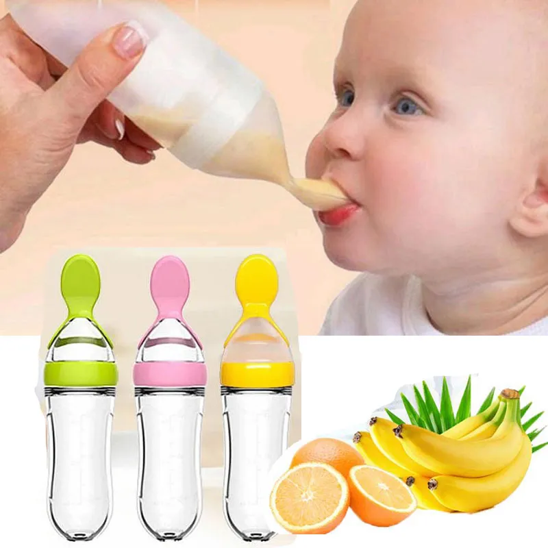 Silicone Baby Bottle With Spoon Food Supplement Rice Cereal Bottles Squeeze Spoo