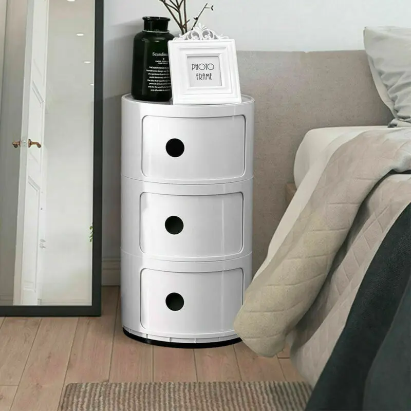 Samger 3 Tier White Bedside Table Round 3 Drawers Nightstand Bedside Cabinet