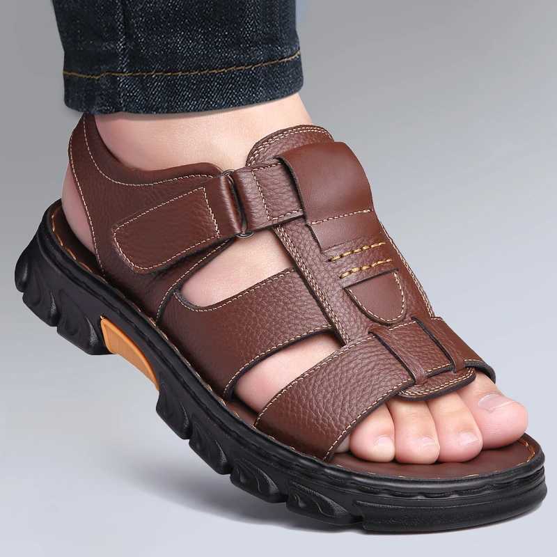 Sandals Men's New Beach Shoes Cowhide Slippers Outdoor Non-Slip Thick Soled Genu