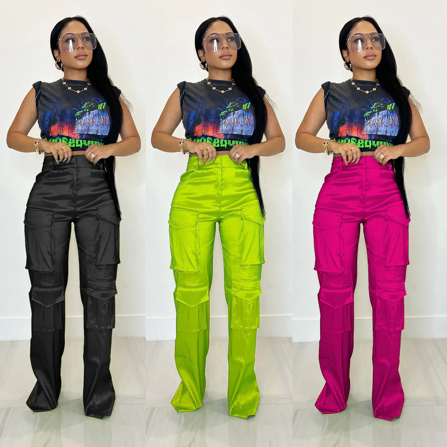 Satin Pocket Cargo Pants High Waist Elegant Casual Y2K Trousers Women Luxury Win
