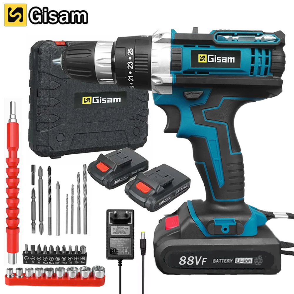 Gisam Cordless Impact Drill Electric Screwdriver Rechargeable Handheld Hammer Dr