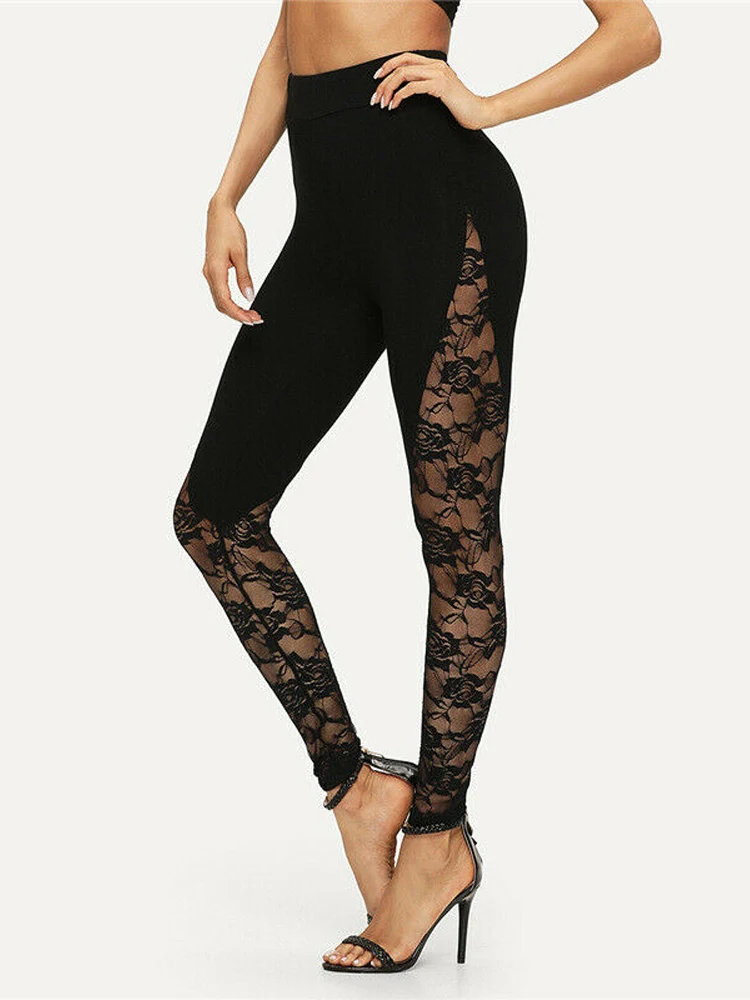 Sexy High Waist Black Lace Leggings Women's Ladies Floral Lace Side Panel Cut Ou