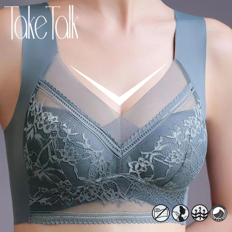 Sexy Lace Bras for Women Perspective Full Cup Solid Color Brassiere V-Neck Seaml