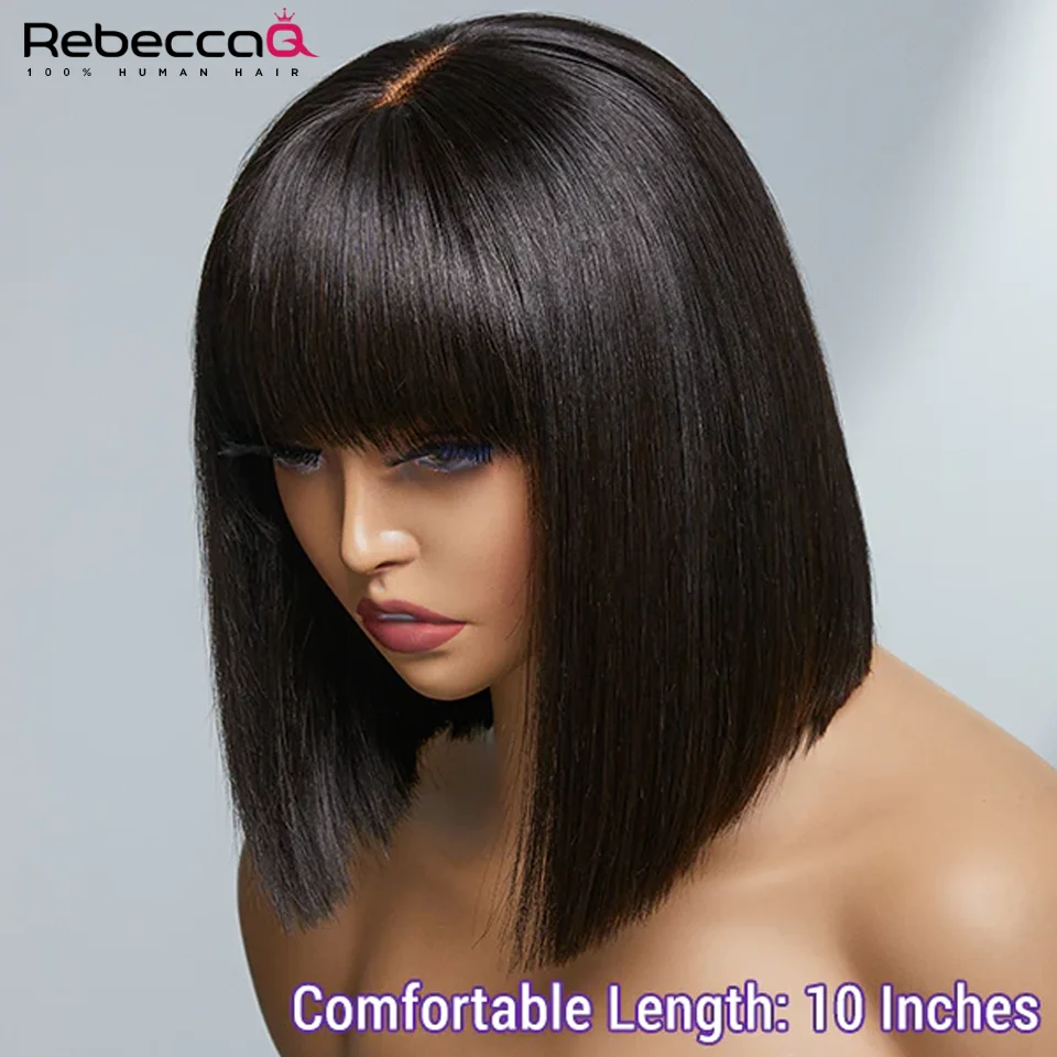 Short Bob Wig With Bangs Glueless Human Hair Wig Ready to Go Straight Hair Bob W