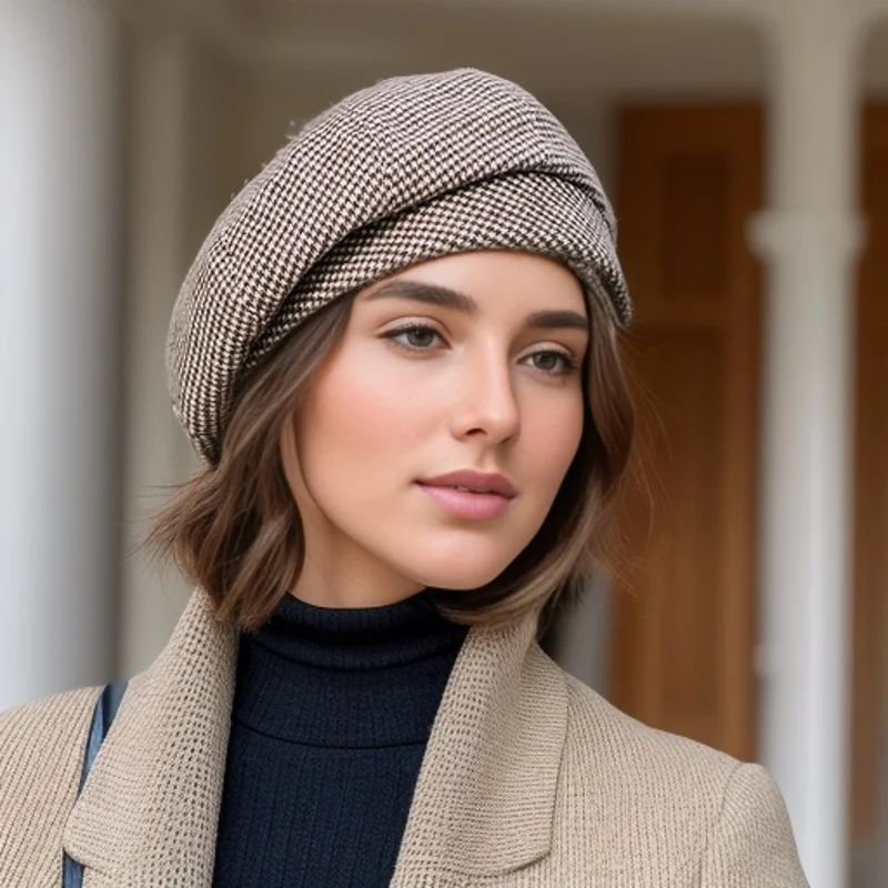 Simple Women Wool Beret for Elegant Lady Winter Female Cotton Hats Plaid Vintage