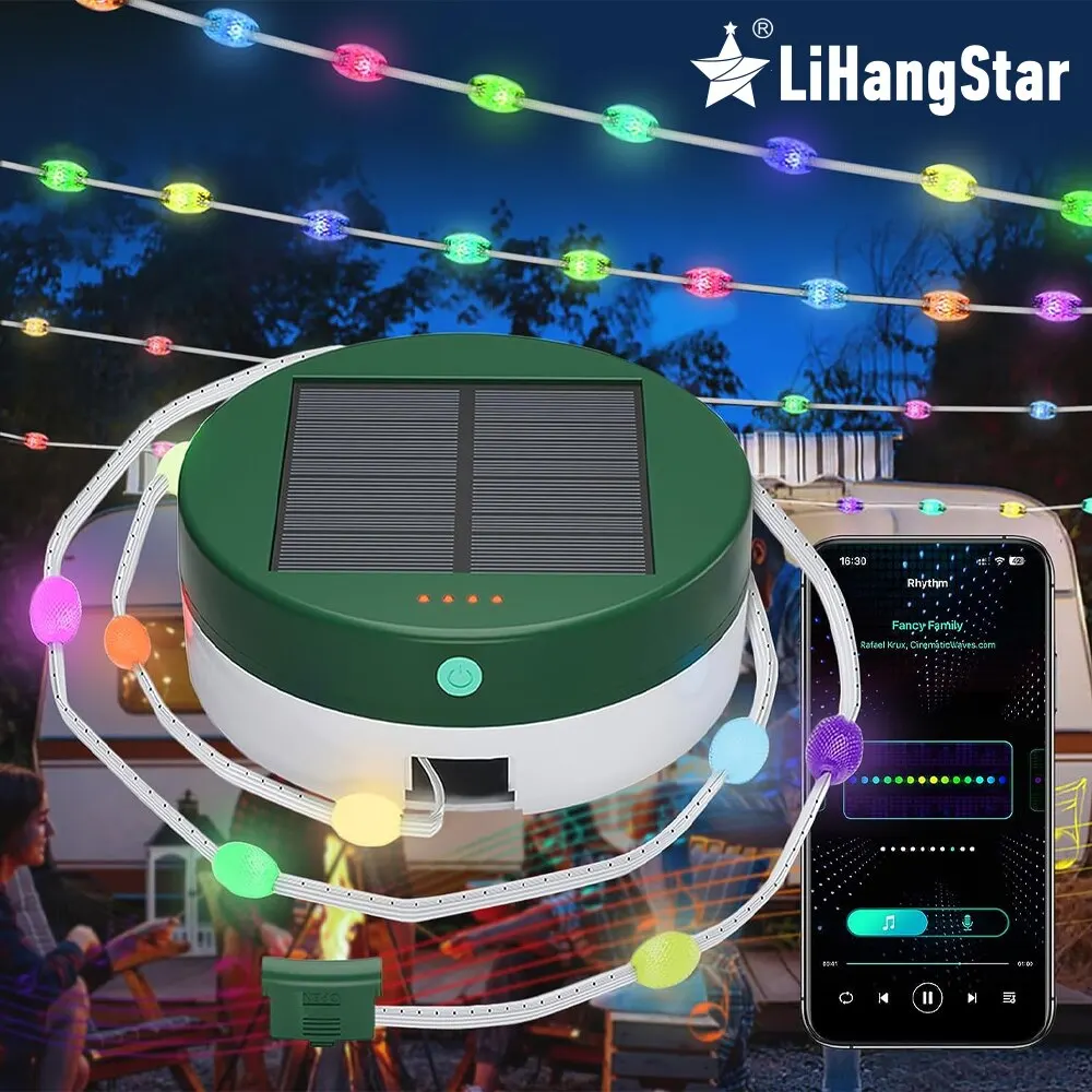 Solar Camping Lights LED Outdoor String Lights RGBIC USB Rechargeable with Stora