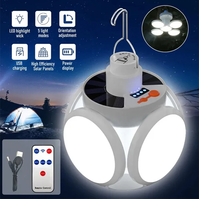 Solar Outdoor Folding Light Portable USB Rechargeable LED Bulb Search Lights Cam