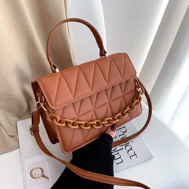 Solid Plaid Crossbody Bags For Women, Chain Decor Fashion Shoulder Bag Ladies Ha