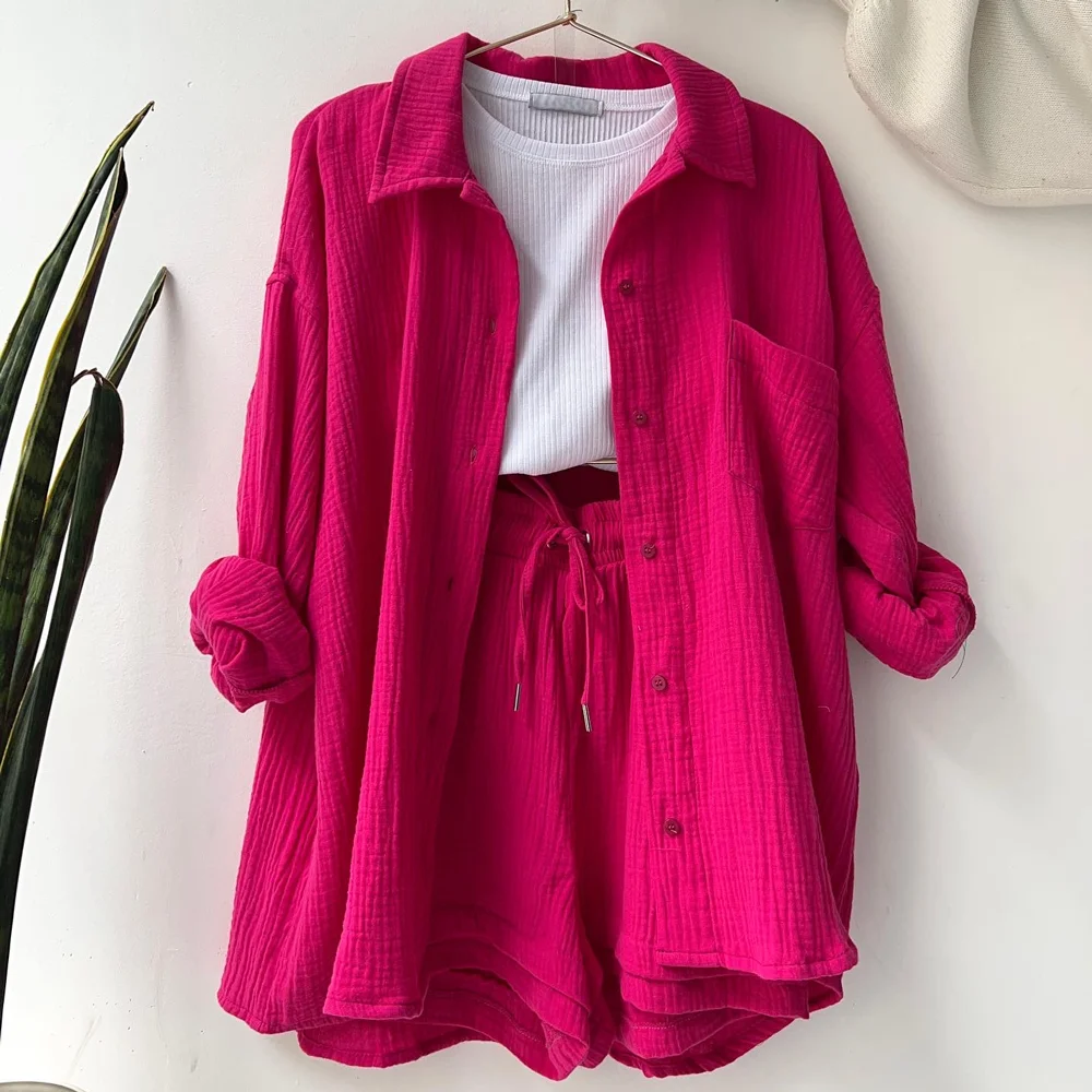 Two Piece Spring Summer Streetwear Blouse Shirt And Shorts Clothes Set For Ladie