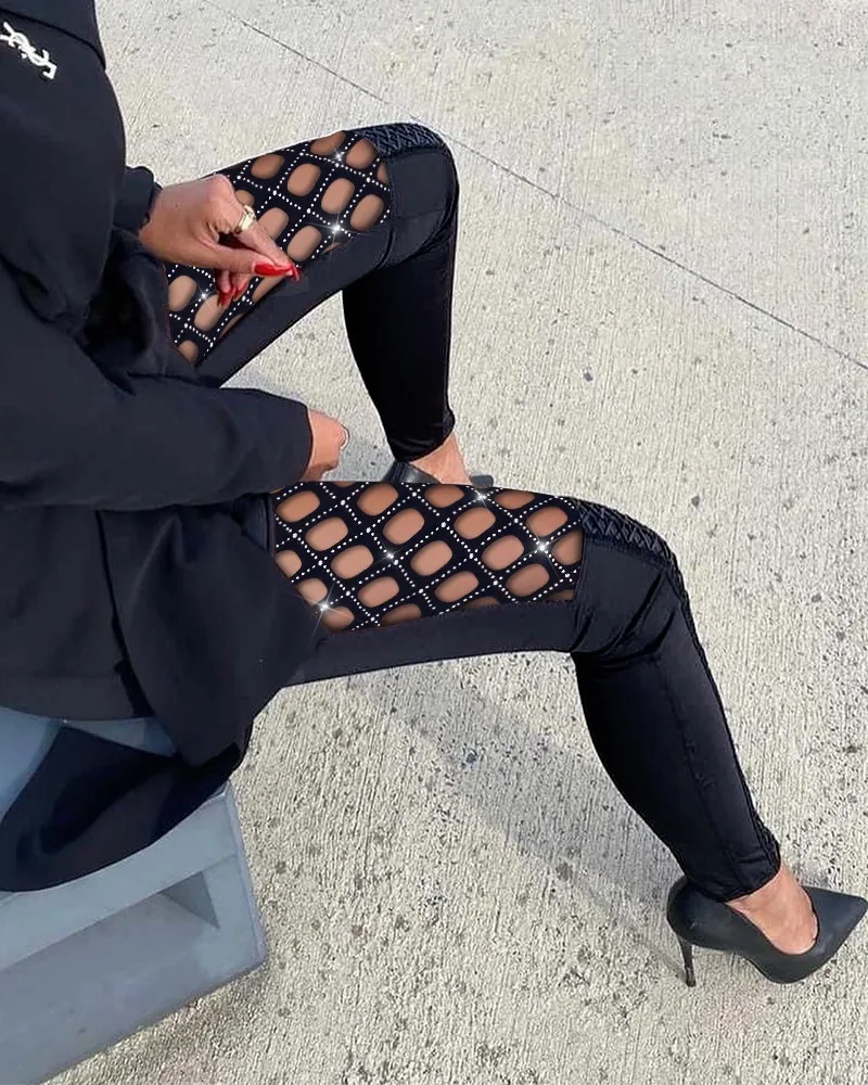 Spring Autumn Skinny Pants Women Trousers Casual High Waist Rhinestone Fishnet P