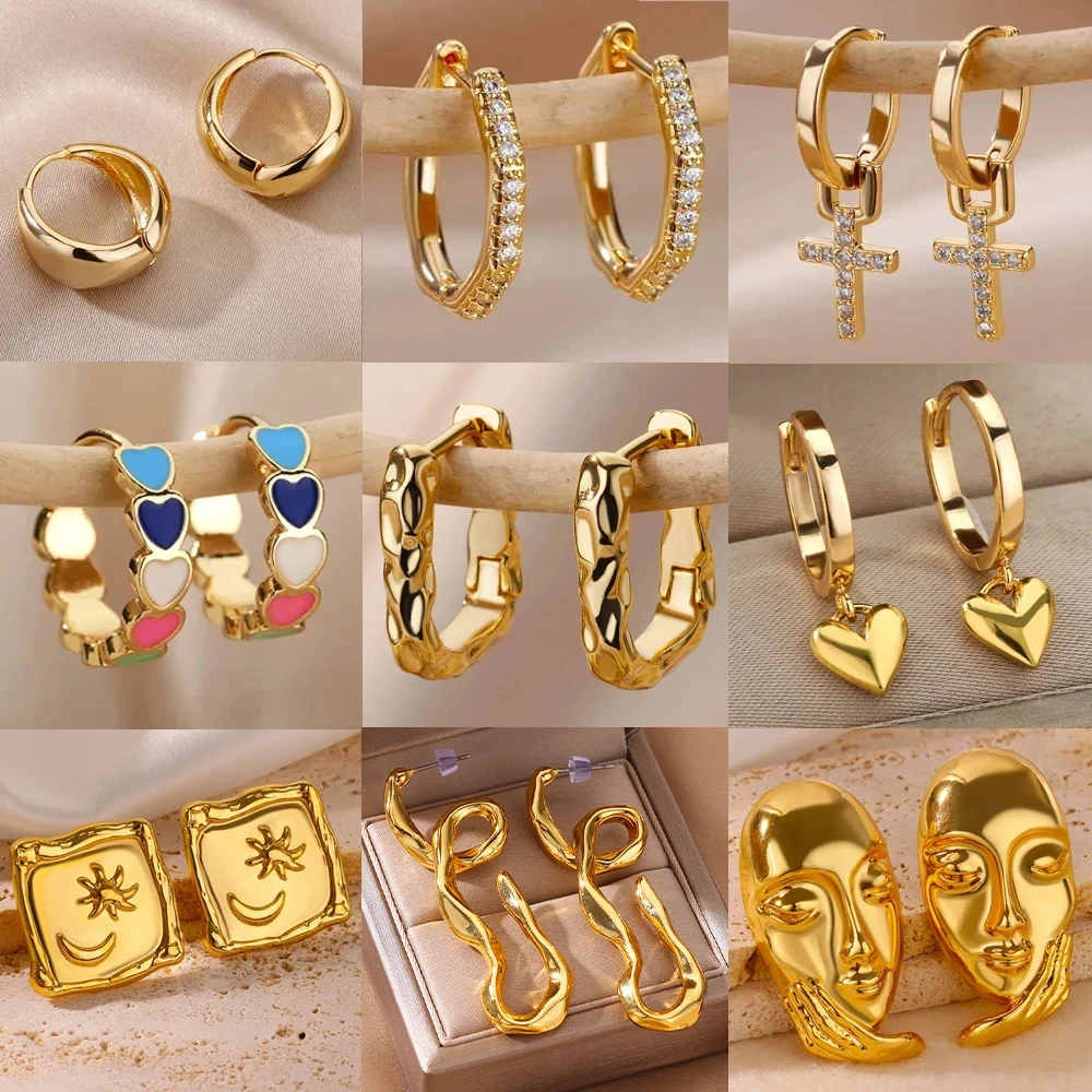Stainless Steel Earring for Women Heart Zircon Gold Color Hoop Earrings Vintage 