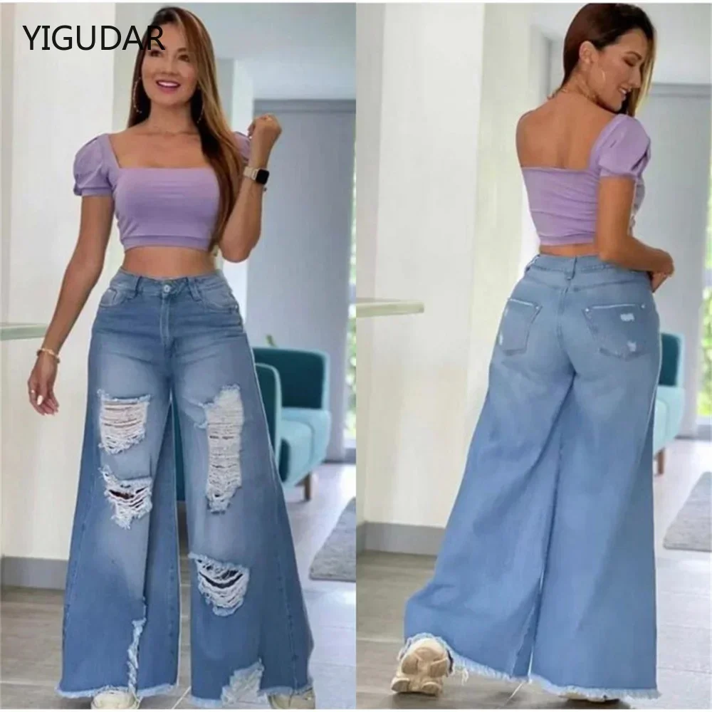 Streetwear Straight Pants Ladies Ripped Jeans High Waist Loose Wide Leg Pants La