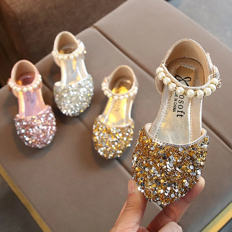 Summer Girls Shoes Bead Mary Janes Flats Fling Princess Shoes Baby Dance Shoes K