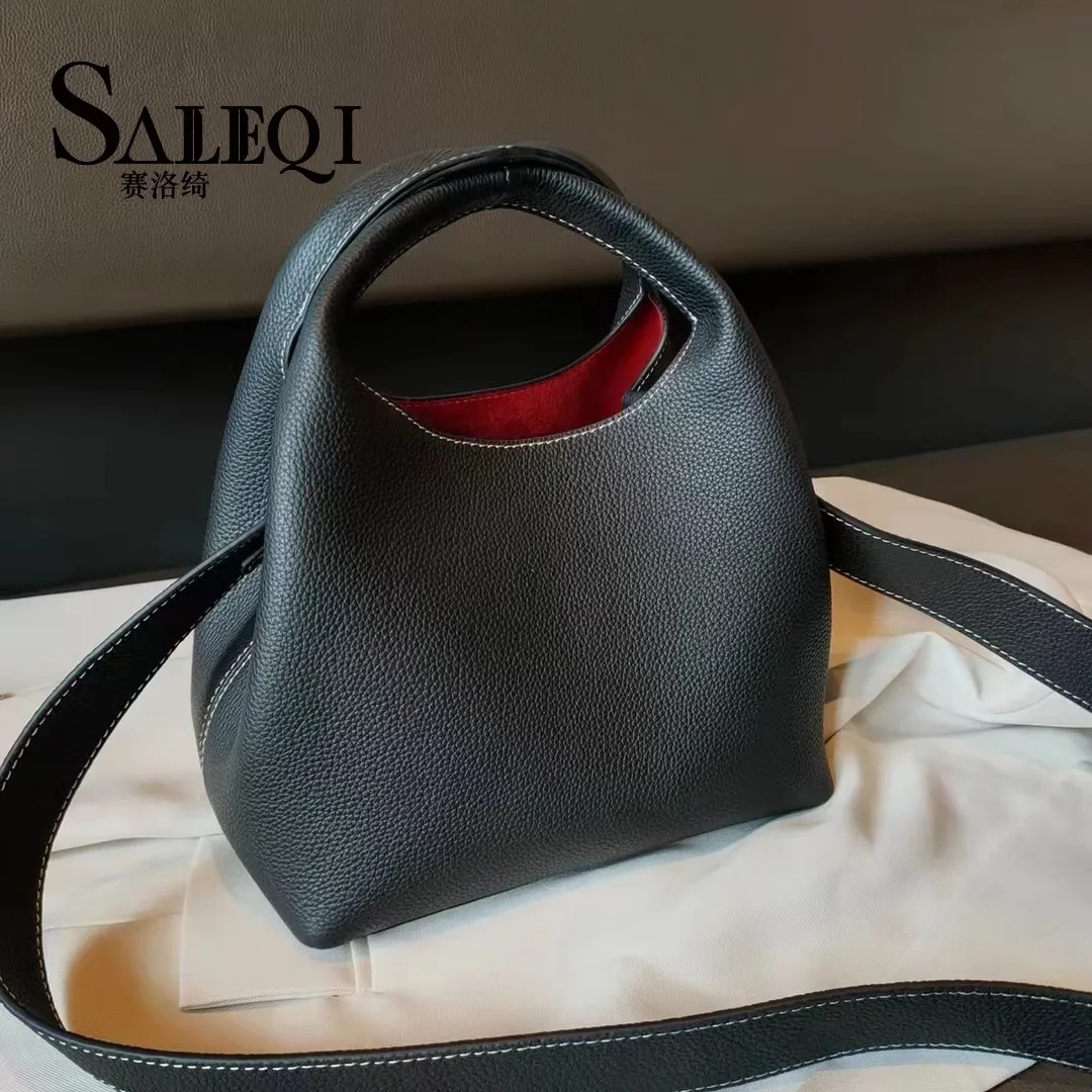 TOGO Cowhide Bucket Bag With Niche Design Color Blocking Luxury Designer Single 