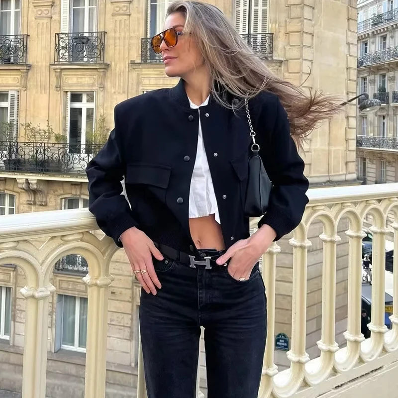 TRAF Woman Bomber Jacket Coat White Autumn Winter Button Baseball Aviator Croppe