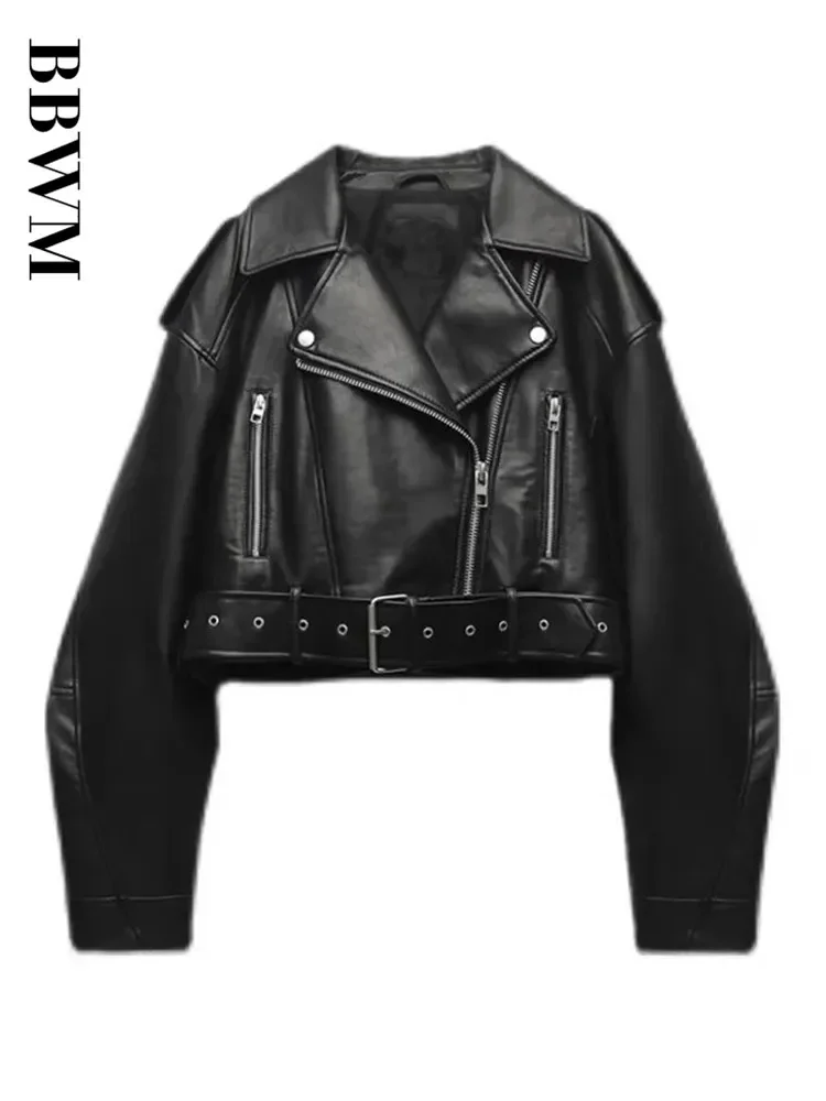 TRAF Women Oversized Vintage Loose Pu Faux Leather Short Jacket with Belt Street