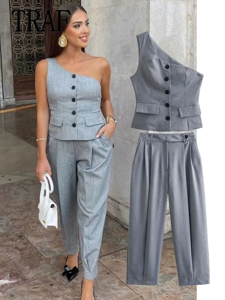 TRAF Womens Outfits Streetwear Fashion Asymmetrical Vest Sleeveless Short Tank T