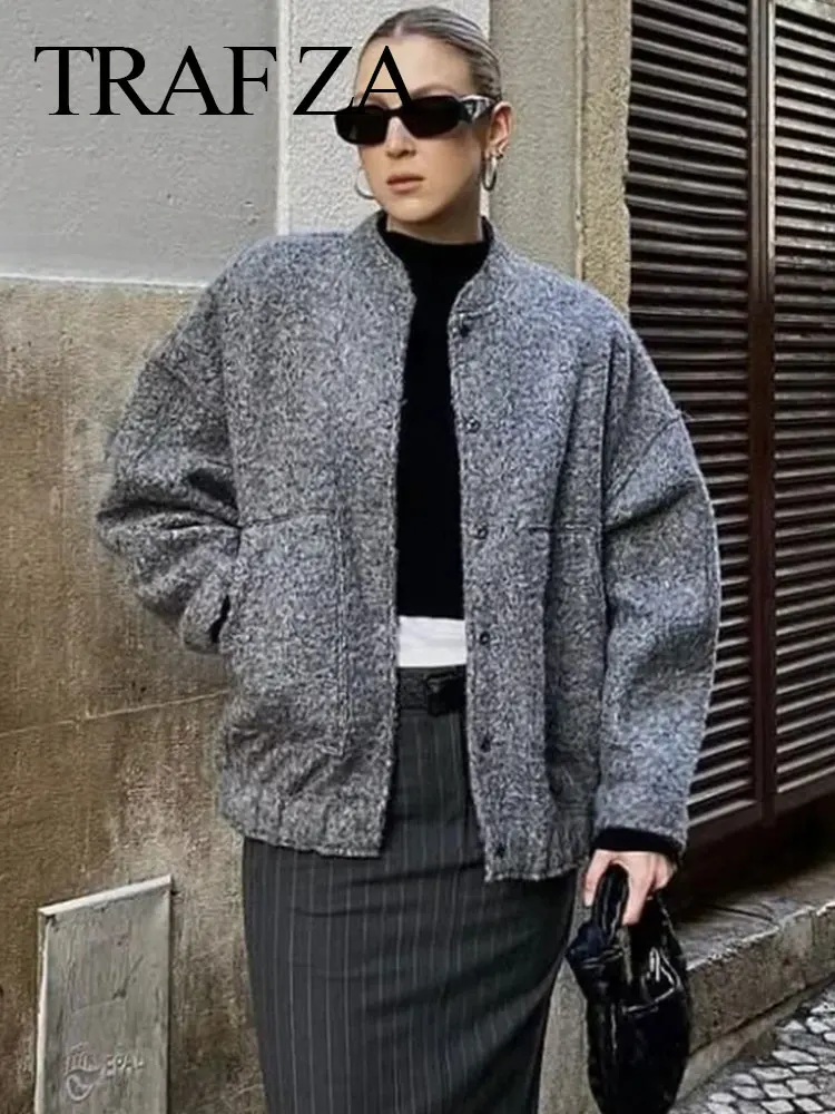 TRAFZA 2023 Women Elegant Solid Coat Button Long Sleeve Pocket Bomber Jacket Aut