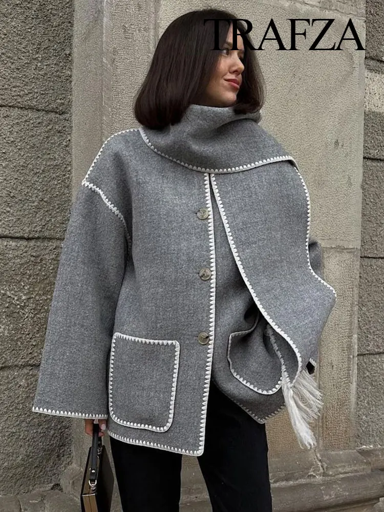 TRAFZA Winter Women Coat Long Sleeve Single Breasted Oversize Casual Scarf Colla