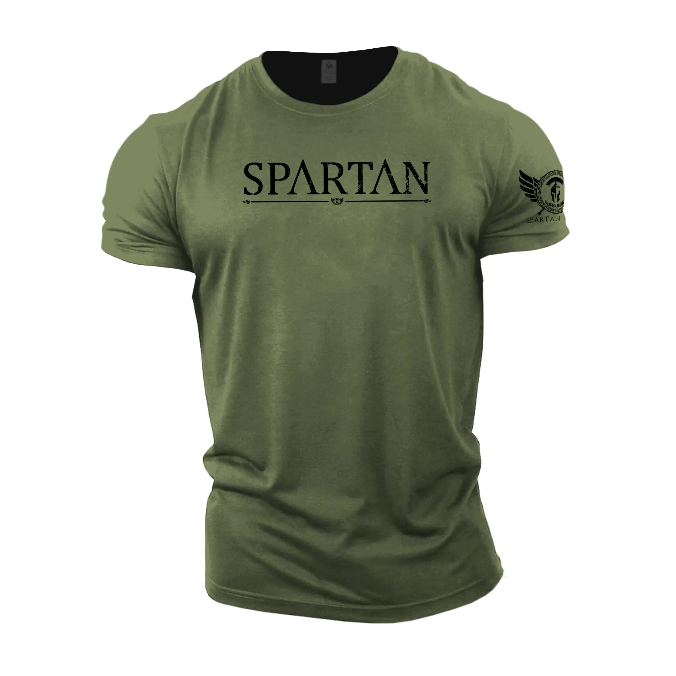 Temperament Military Green Men's Short Sleeve Spartan Printed Polyester T-shirt 