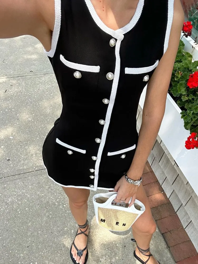 Tossy Sleeveless Patchwork Elegant Mini Dress For Women Knit High Waist Pocket C
