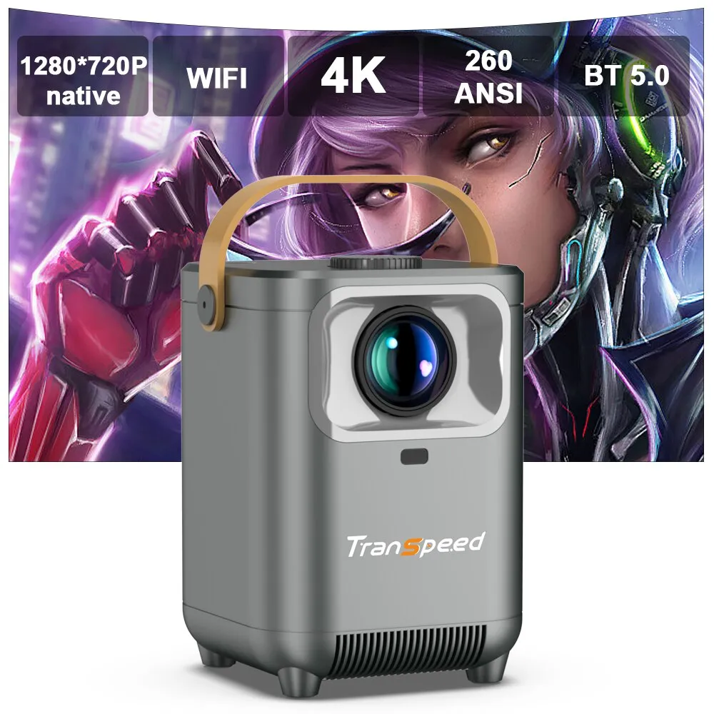 Transpeed 260ANSI Projector 1280*720P ±30°degree Support 4K WiFi 200"screen BT5.