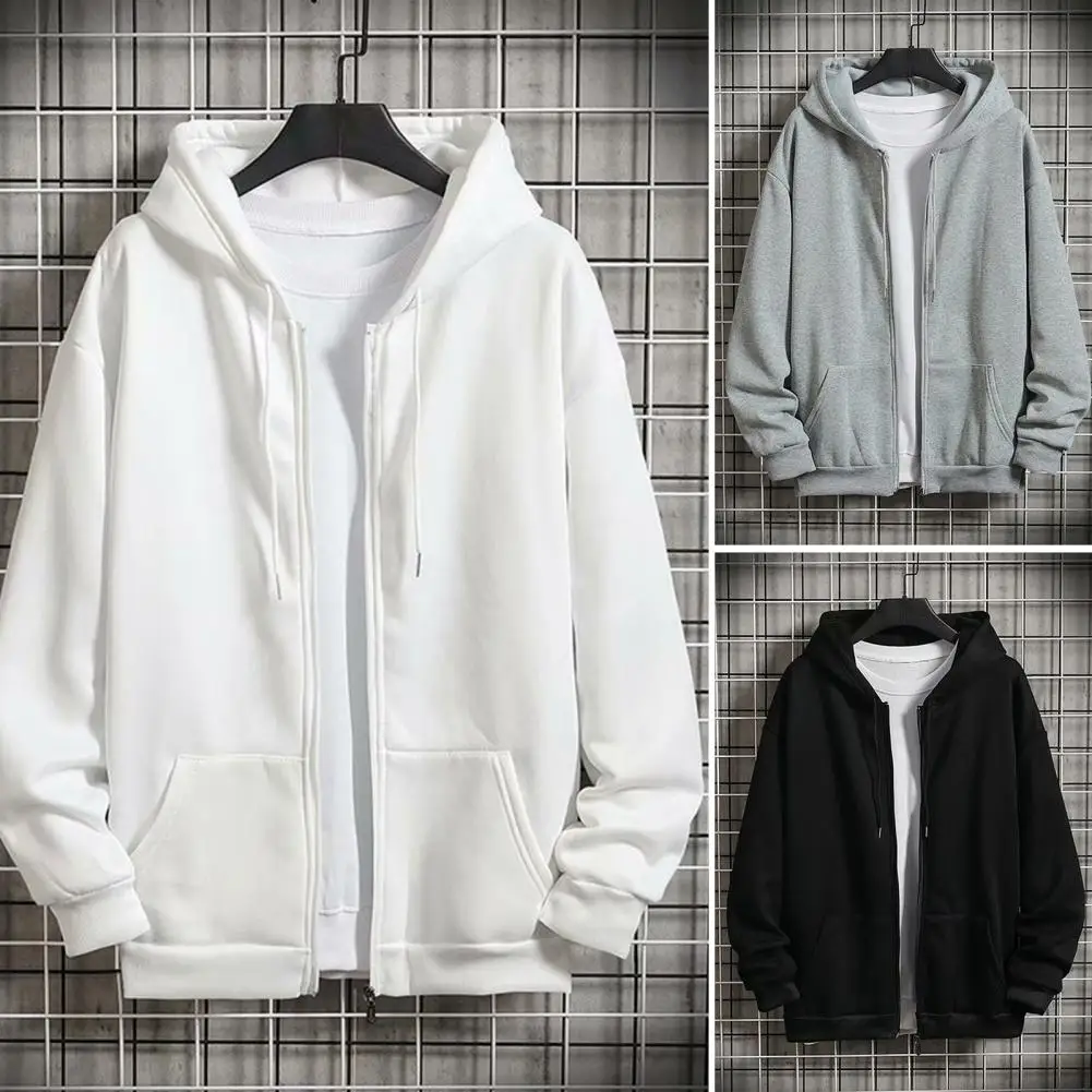 Warm Chic Pure Color Pocket Winter Coat Zipper Autumn Coat Hat Men Clothes