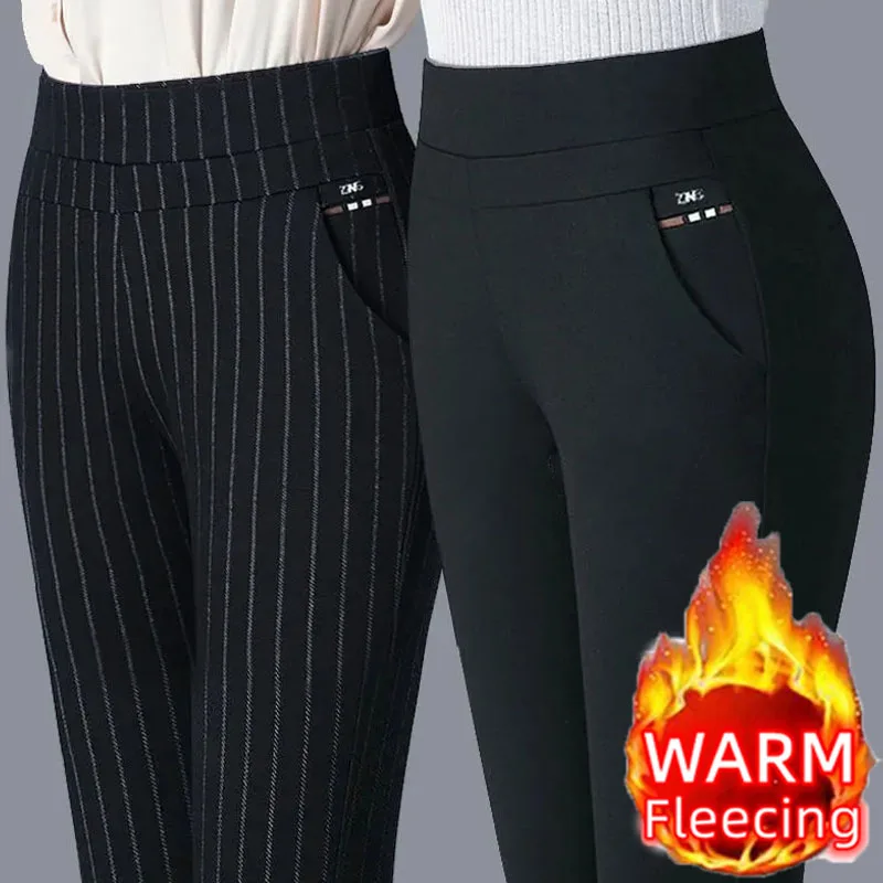Warm Winter Pencil Pants Womens Fleecing Thermal Snow Plush Strench OL Lady Skin
