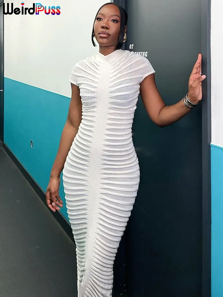 Weird Puss Knit Women Shorts Sleeve Dress Elegant Striped See Through Solid Skin
