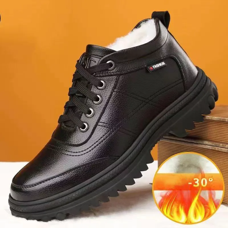 Winter Leather Men Boots with Fur Mens Bussiness Cotton Boots Casual Warm Snow B