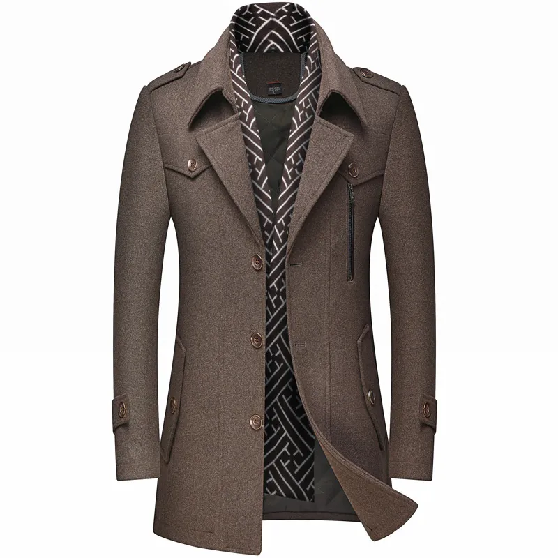 Men's Woolen Coat Winter Men Wool Coats Fashion Middle Long Scarf Collar Cotton