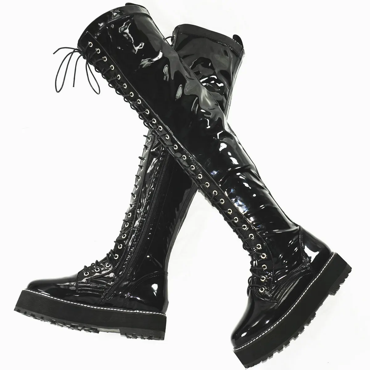 Winter Plus Size Thigh High Shoes Women Lace Up Med Heel Over The Knee Snow Boot