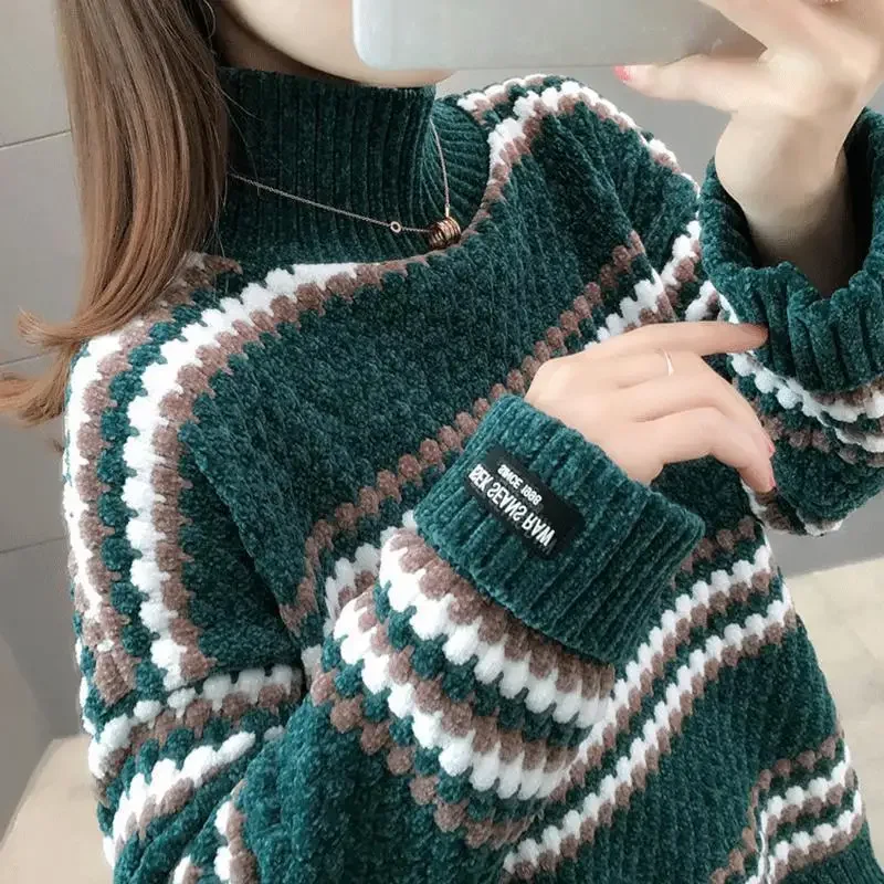 Winter Polo/turtle Neck Chenille Sweater Women's Thickened Loose-fit Outerwear A